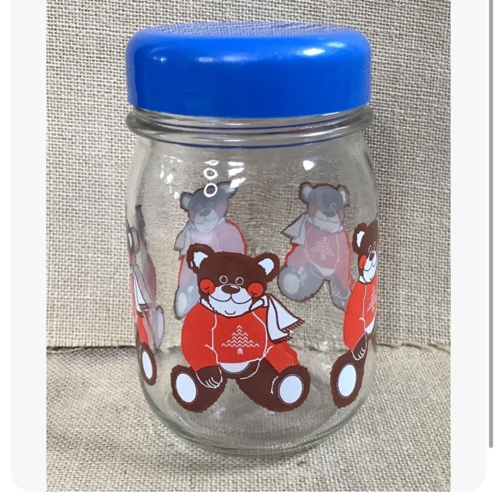 Vintage Red Sweater Teddy Bear Glass Jar With Blue Lid Treat Storage Canister